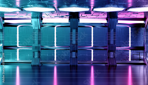 Fototapeta Naklejka Na Ścianę i Meble -  Dark blue pink spaceship futuristic interior with tech wall panel 3d rendering