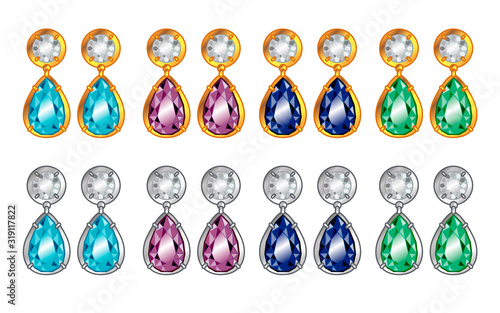 Golden and platinum earrings with gems realistic illustrations set