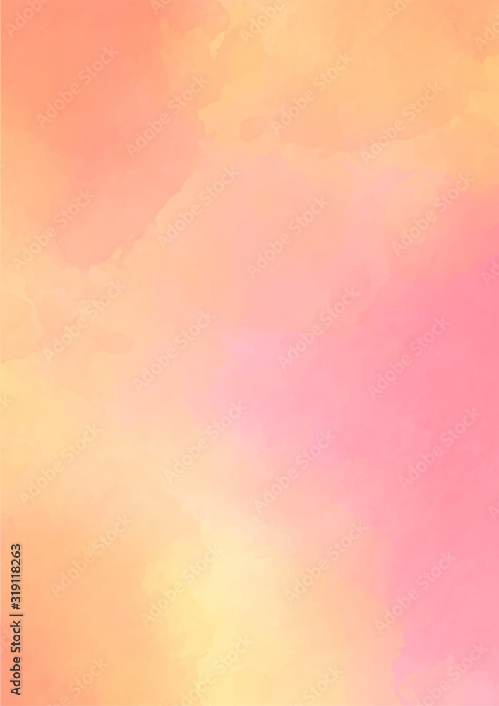 Pink-yellow watercolor background. Delicate peach color. Watercolor background for romantic, wedding card, invitation.