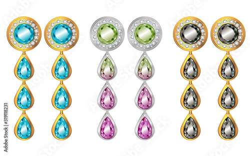 Golden and platinum earrings with gems realistic illustrations set