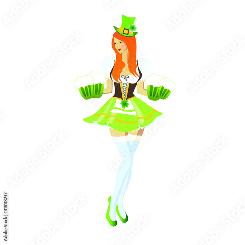 Isolate illustration of irish girl in traditional costume with green beer. Red hair woman. St. Patrick Day material. Pretty sexy waitress