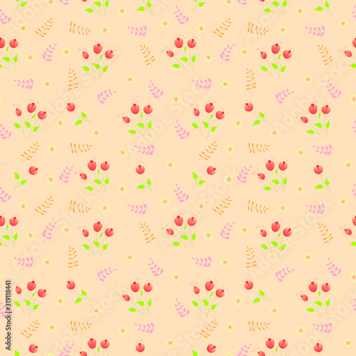 Seamless pattern of leaves, flowers, branches berries witn outline elements. Spring floral print. For wrapping paper, wallpaper, fabric pattern, backdrop, gift wrap. Suit for linen design