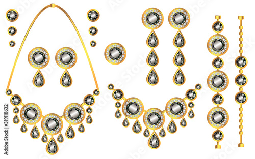 Golden jewellery items set realistic illustrations collection