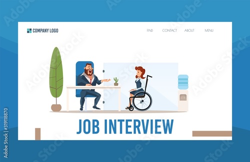 Disabled People Job Search, Employment Support, Counseling Service Trendy Flat Vector Web Banner, Landing Page. Businessman, HR Manager Conducting Job Interview with Woman in Wheelchair Illustration