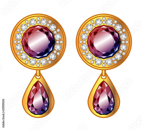 Golden earrings with rubies and diamonds realistic illustration
