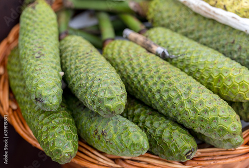 Ananas-banana fruit  Monstera deliciosa  at Mercado Dos Lavradores. Funchal  Madeira  Portugal