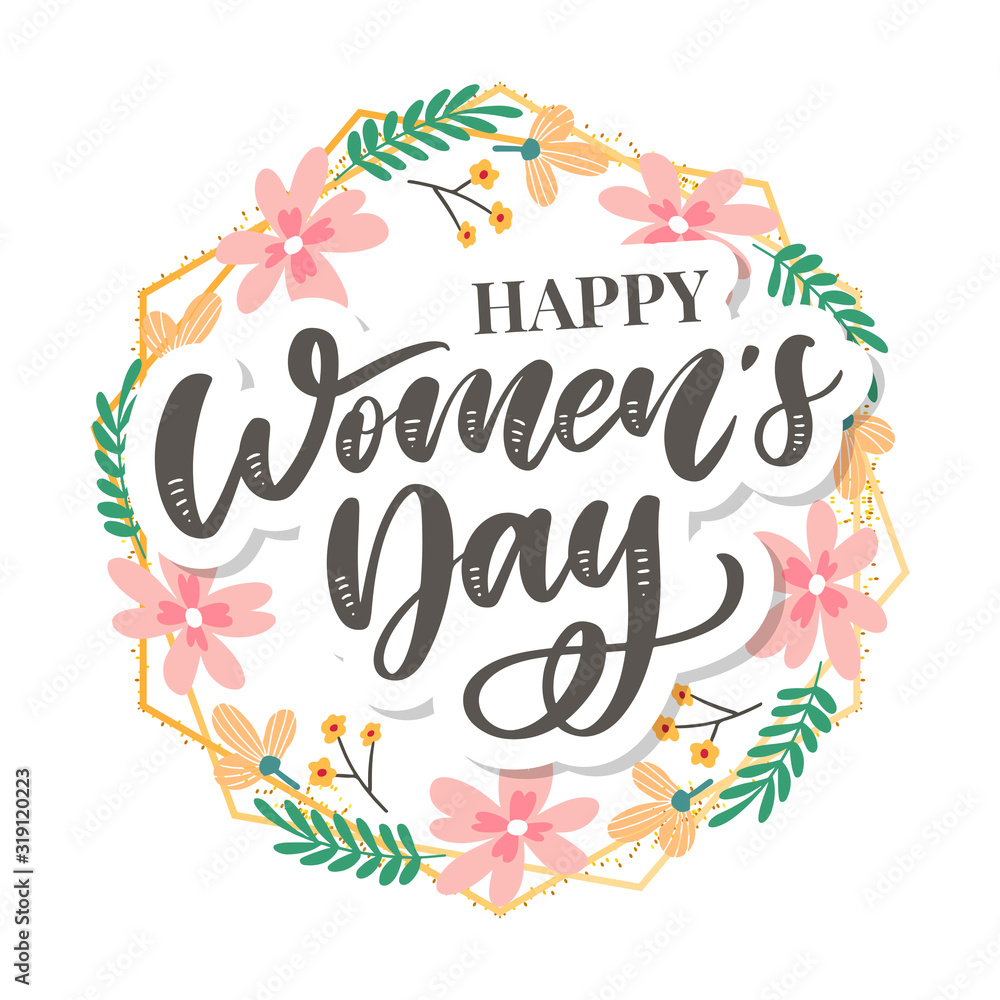 Fototapeta premium 8 march. Happy Woman's Day Vector congratulation card with linear floral wreath