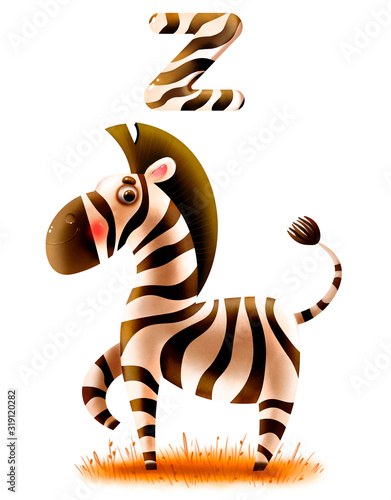 Beautiful hand-drawn zebra with a letter on a white background