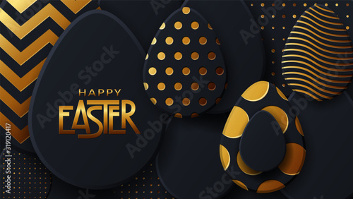 Happy easter eggs. Background of golden and black egg with dot patterns, spiral and lines pattern. Gold and dark background for design for cards, posters, invitations for Easter.