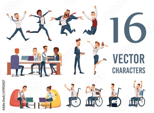 Happy Businesspeople, Company Managers Team Trendy Flat Vector Characters Set Isolated on White Background. Office Workers, Female, Male Entrepreneurs, Disabled Employee in Wheelchair Illustrations