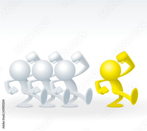 Cute little yellow Sim man act as leader and leading others toward success
