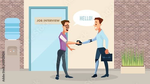 Disabled People New Job Opportunities Thanks to New Technologies Trendy Flat Vector Concept. Company Human Resources Manager, Boss Welcoming Man with Disabilities and Robotic Prosthesis Illustration