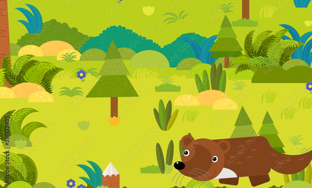 Naklejka premium cartoon forest scene with wild animal marten illustration for children