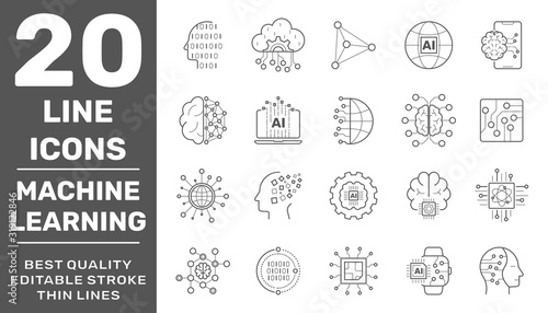 Artificial Intelligence, Modern Technology and Machine Learning icons. Included the icons as ai, iot, digital brain, robot, robotic, machine learning and more. Editable Stroke. EPS 10
