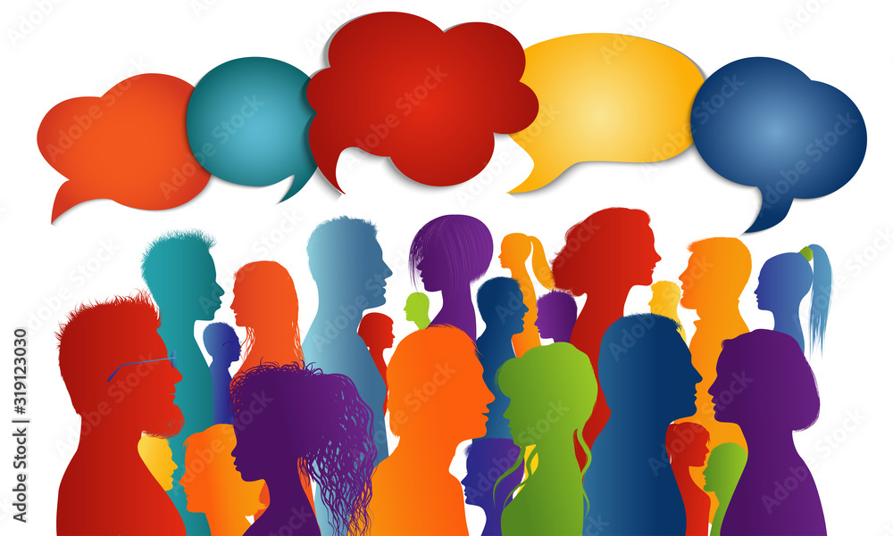 Multicultural crowd talking. Dialogue group diverse people different cultures. Communication and sharing information.Silhouette profiles that speak.Speech bubble.To communicate. Interview