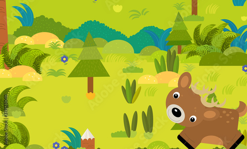 cartoon forest scene with wild animal deer illustration for children