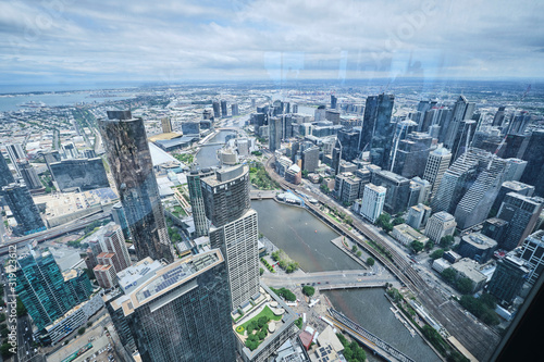 View over Melbourne CBD and skyline from inside viewing platform at skydeck  Melbourne