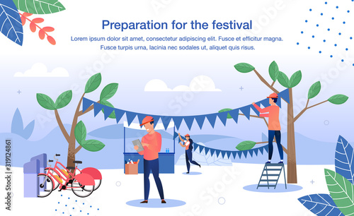 Cultural Volunteering on Music Festival or Charity Event Trendy Flat Vector Banner, Poster Template. Volunteers Working Together During Festival Preparations, Decorating Event Location Illustration