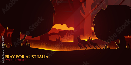 Australia Forest Fires background with Kangaroo. Pray for Australia. Natural disaster. Vector Illustration.