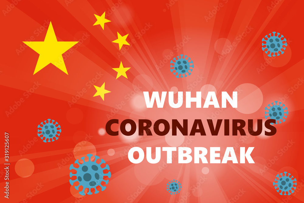 Abstract virus strain model Novel coronavirus 2019-nCoV with text Wuhan coronavirus outbreak on red background. Pneumonia Pandemic Protection Concept