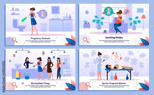 Shopping During Pregnancy, Morning Sickness, Pleasure for Pregnant Trendy Flat Vector Banner, Poster Set. Lady Feeling Nausea, Knitting, Buying Baby Clothing, Relaxing in Beauty Salon Illustration