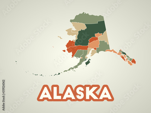 Alaska poster in retro style. Map of the us state with regions in autumn color palette. Shape of Alaska with us state name. Elegant vector illustration.