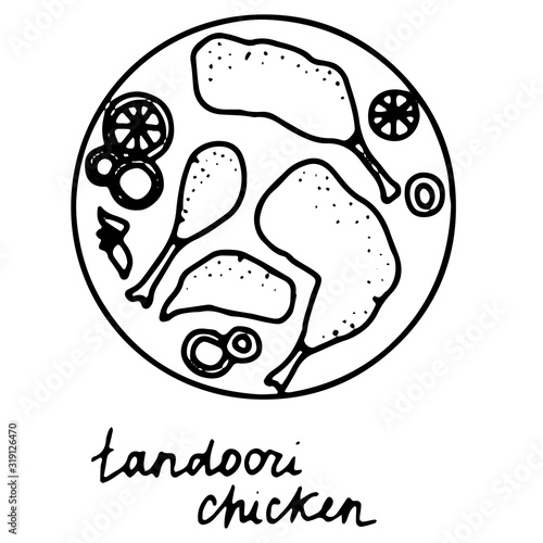 Hand drawn isolated indian food icon. Black outline illustration of indian dish. Tandoori chicken on the plate.