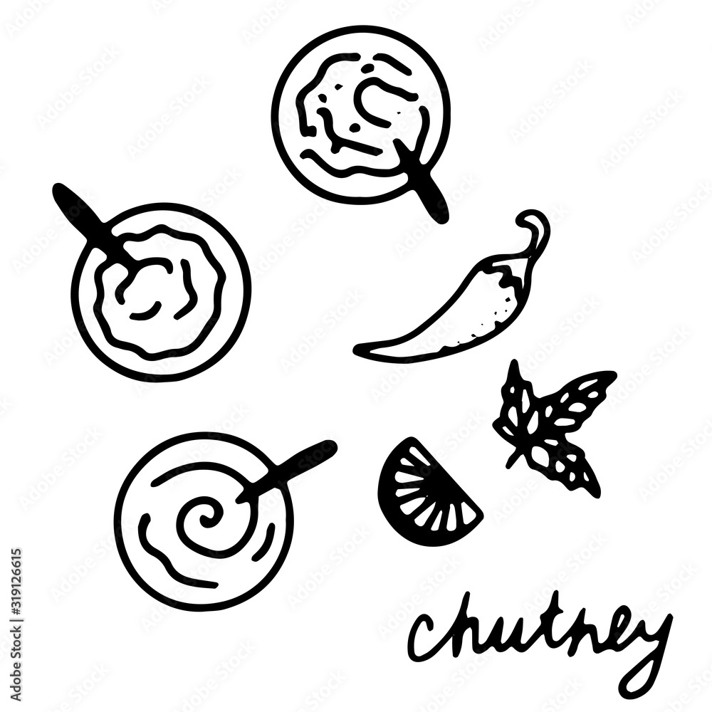 Hand drawn isolated indian food icon. Black outline illustration of indian dish. Variety of indian sauces - chuntey. Chutneys.