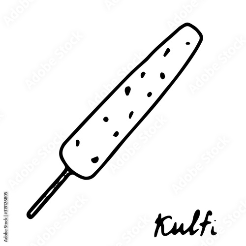 Hand drawn isolated indian food icon. Black outline illustration of indian sweets. Indian ice cream kulfi.