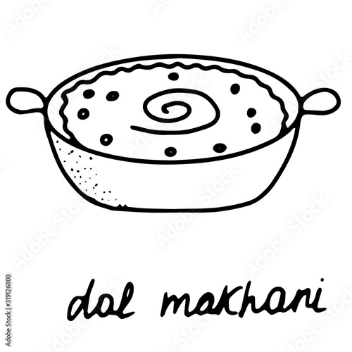 Hand drawn isolated indian food icon. Black outline illustration of indian dal dish.