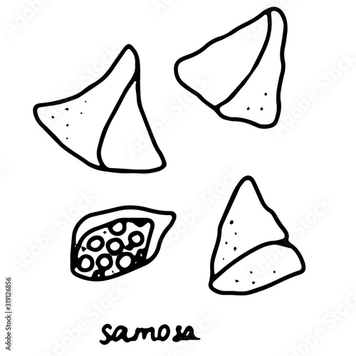 Hand drawn isolated indian food icon. Black outline illustration of indian dish. Samosa icon.