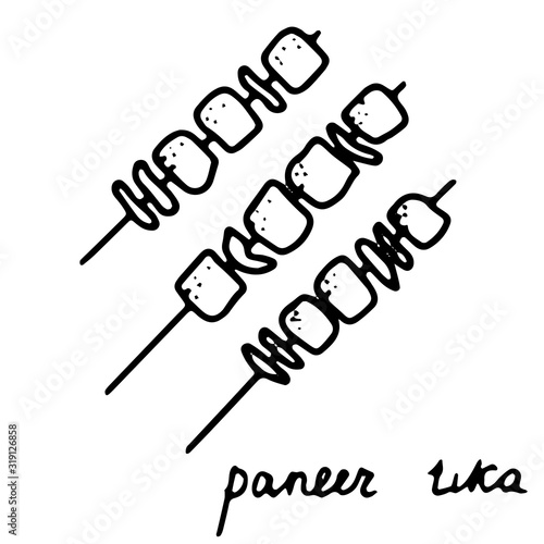 Hand drawn isolated indian food icon. Black outline illustration of indian dish. Paneer tikka icon. Cottage cheese chunks.
