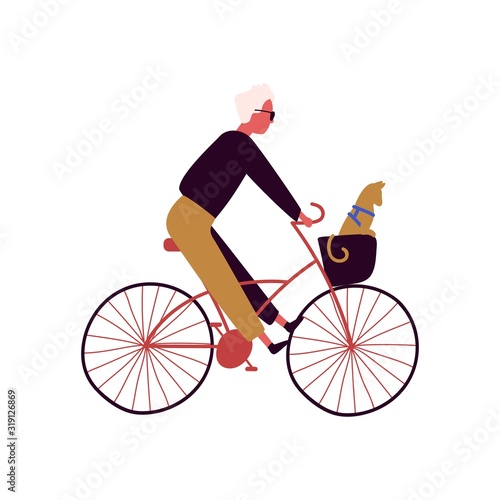 Cartoon stylish male riding on bike with cat sitting in basket vector flat illustration. Trendy man on bicycle with pet animal isolated on white. Active pedaling guy bicyclist