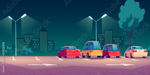 Cars on city parking with street lights at night. Vector cartoon illustration with modern automobiles parked in town and cityscape on background. Urban landscape with road, vehicles and buildings
