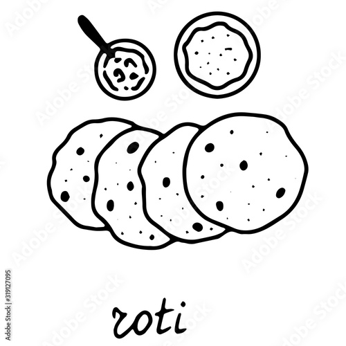 Hand drawn isolated indian food icon. Black outline illustration of indian flat bread. Roti or chapati.