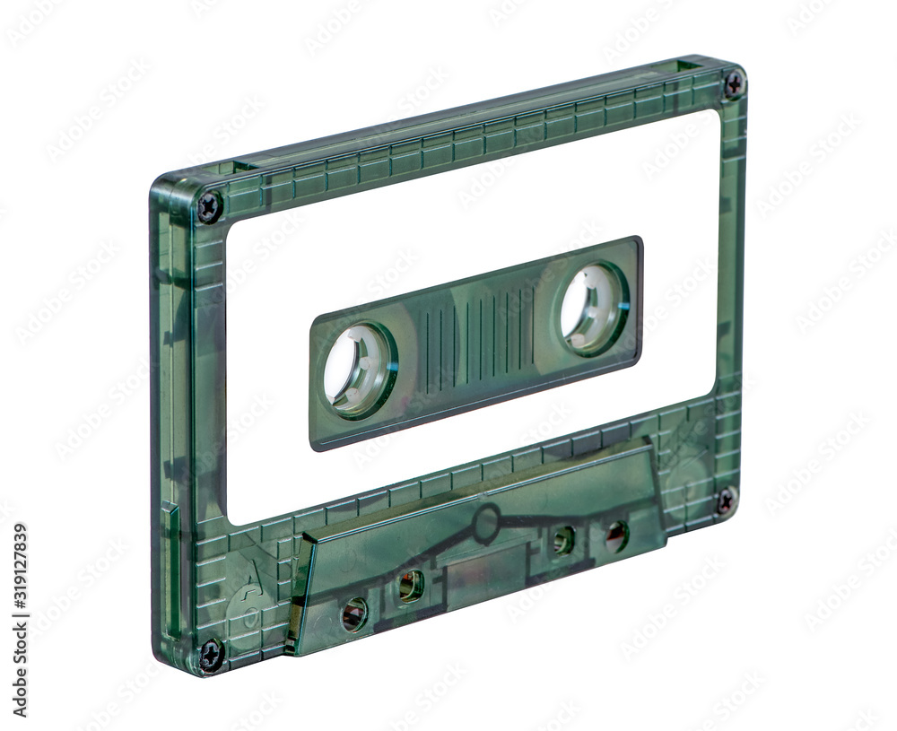 Obraz premium Cassette tape isolated on white background. Blank white sticker as copy space. Popular audio technology from 70s, 80s and 90s.