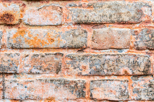 Vibrant abstract wallpaper, banner. Red vintage wall with damaged brick.