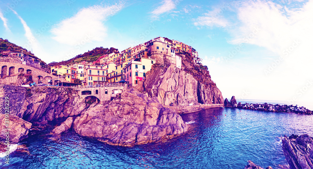 Beautiful colorful summer landscape-panorama on the coast of Manarola in Cinque Terre, Liguria, Italy, Europe