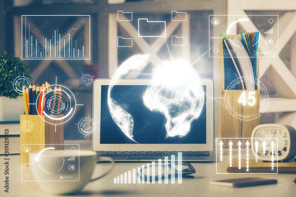 Double exposure of chart and financial info and work space with computer background. Concept of international online trading. Double exposure of chart and financial info and work space with computer background. Concept of international online trading.