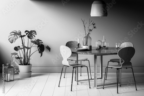 Modern Table Set in Practical Arrangment - black and white 3d visualization photo