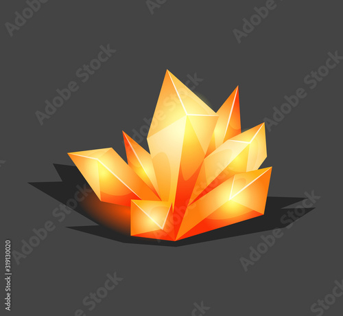 Crystalline stone or gem and precious gemstone for jewellery. Simple crystal symbol with reflection. Cartoon icon as decoration for games. Isolated Vector. Orange photo