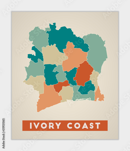 Ivory Coast poster. Map of the country with colorful regions. Shape of Ivory Coast with country name. Neat vector illustration.