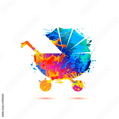 Baby carriage icon. Splash paint