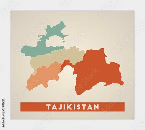 Tajikistan poster. Map of the country with colorful regions. Shape of Tajikistan with country name. Awesome vector illustration.