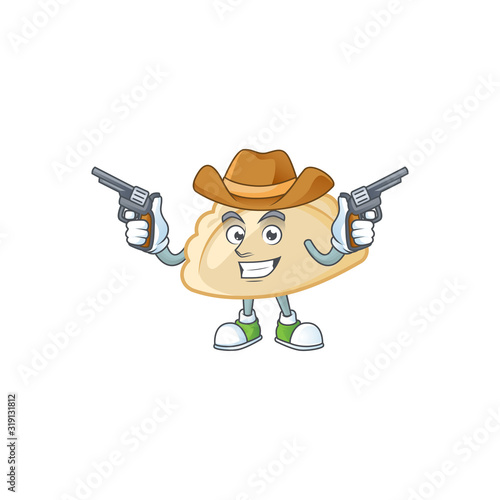 Confident pierogi Cowboy cartoon character holding guns