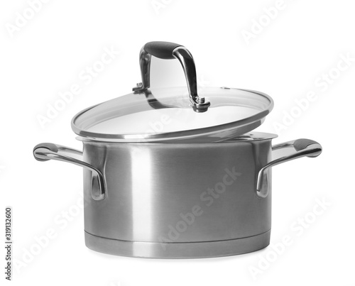 Steel pot with lid isolated on white