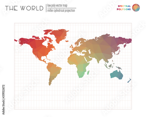 Low poly world map. Miller cylindrical projection of the world. Spectral colored polygons. Awesome vector illustration.