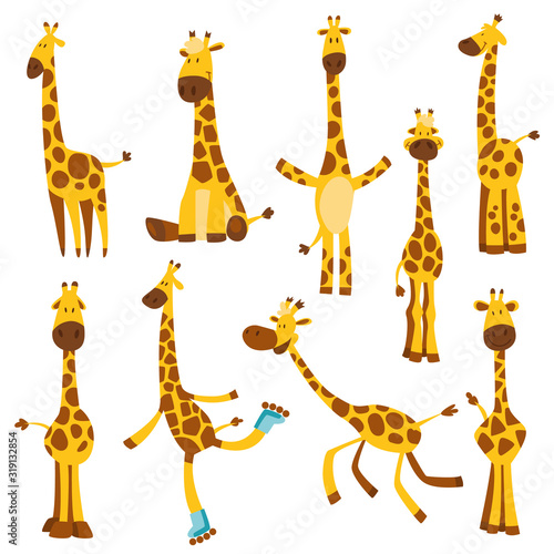 Set of Cheerful funny giraffes with long neck. Height meter or meter wall or wall sticker from 0 to 150 centimeters to measure growth. Childrens vector illustration photo
