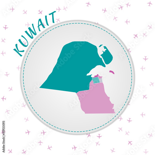 Kuwait map design. Map of the country with regions in emerald-amethyst color palette. Rounded travel to Kuwait poster with country name and airplanes background. Authentic vector illustration.