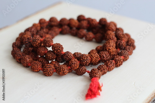 Japa mala. Prayer beads made from the seeds of the rudraksha tree. close-up photo